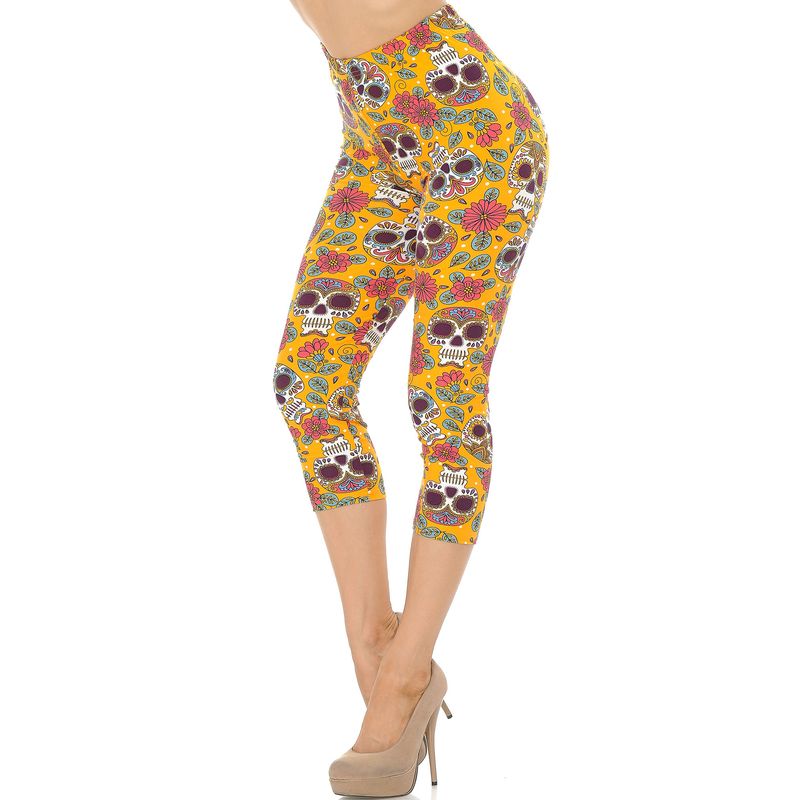 Buttery Soft Mustard Summer Sugar Skull Capris (One Size Regular,Yellow)
